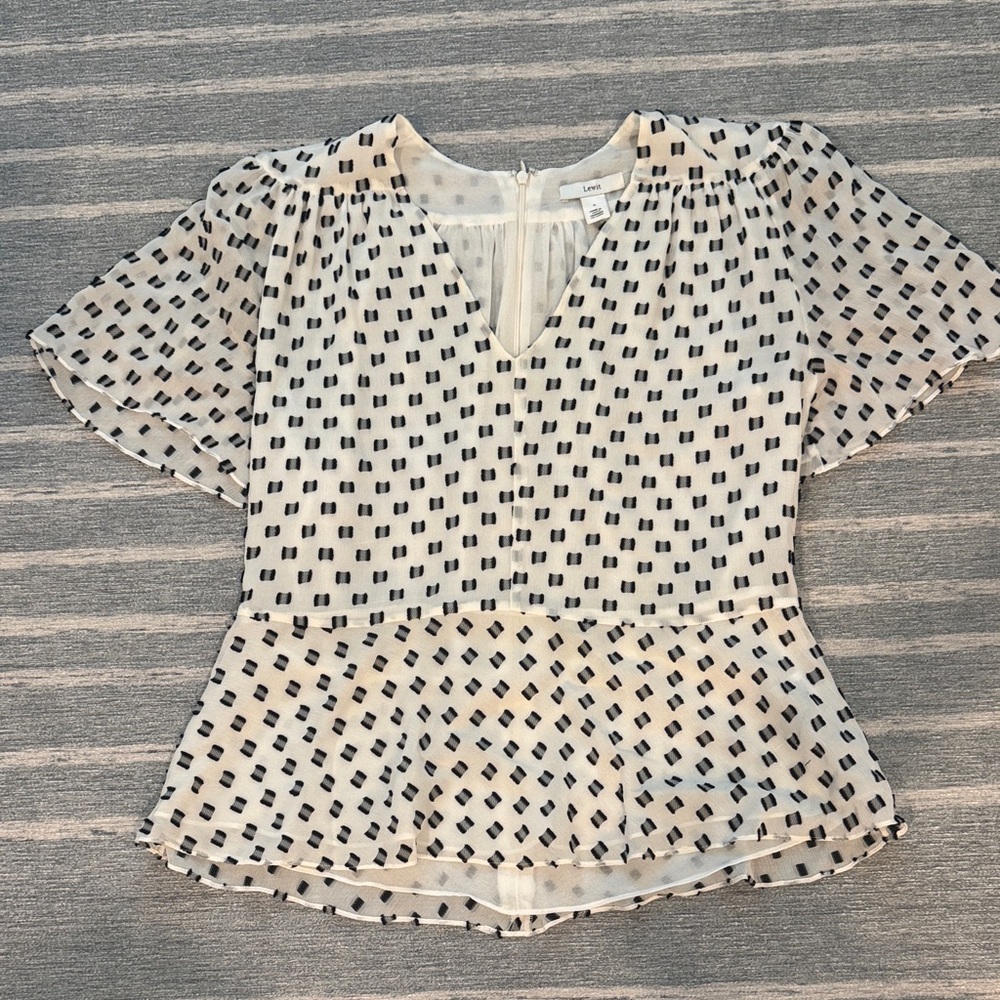 Lewit Cream Blouse with Black Geometric Dot Print and Peplum